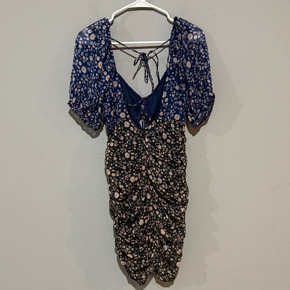 Free People revolve tessa babydoll 2 tone Navy Floral Dress with Tie Back ruched - Picture 7 of 11